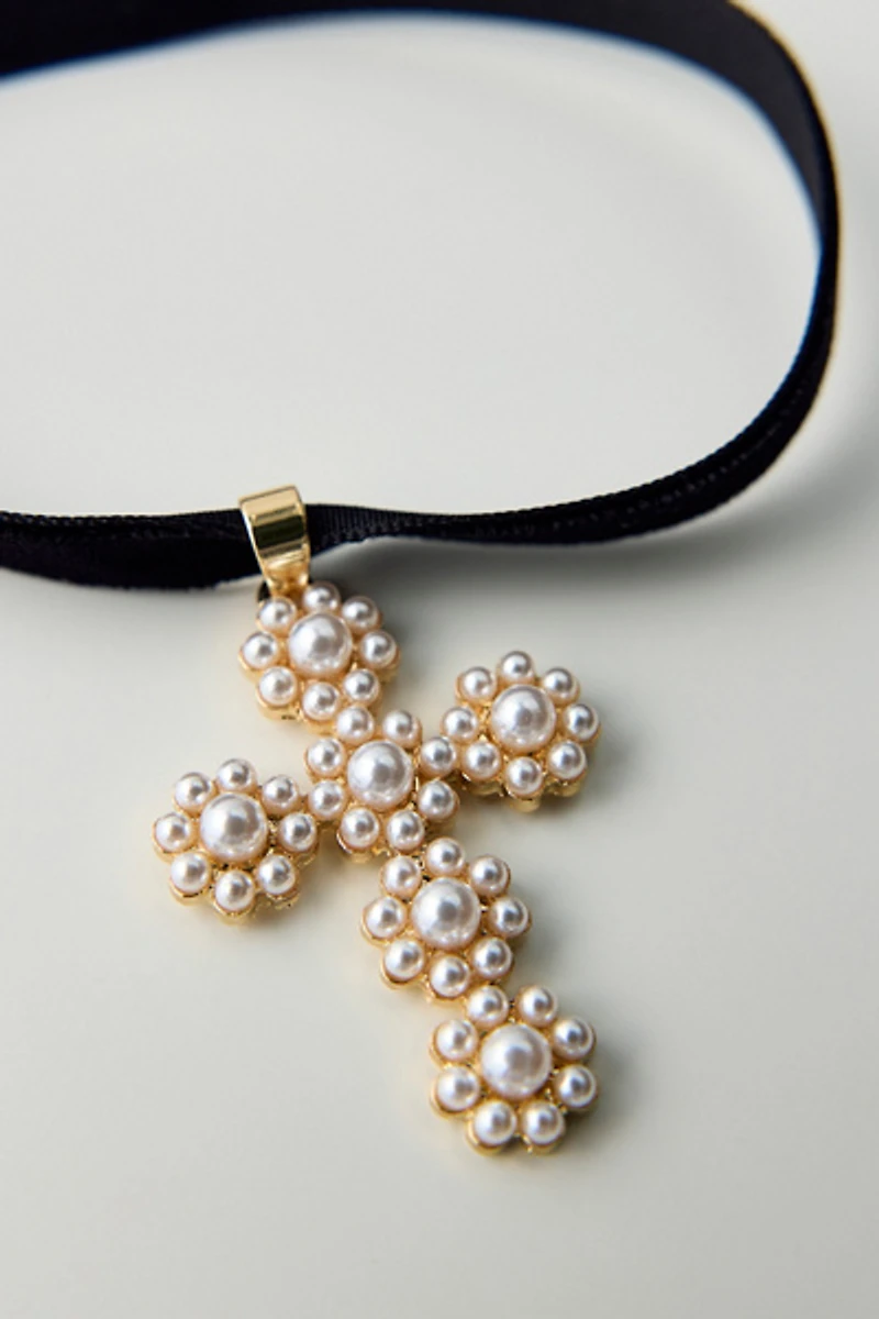 Pearl Cross Ribbon Choker Necklace