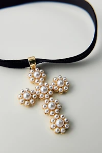 Pearl Cross Ribbon Choker Necklace