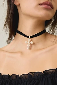 Pearl Cross Ribbon Choker Necklace