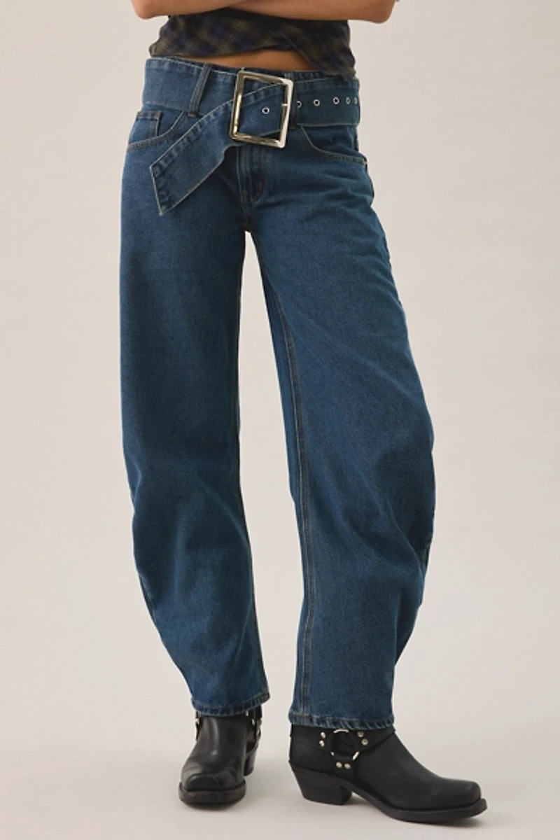 Lioness Dynasty Mid-Blue Belted Low-Rise Barrel Jeans