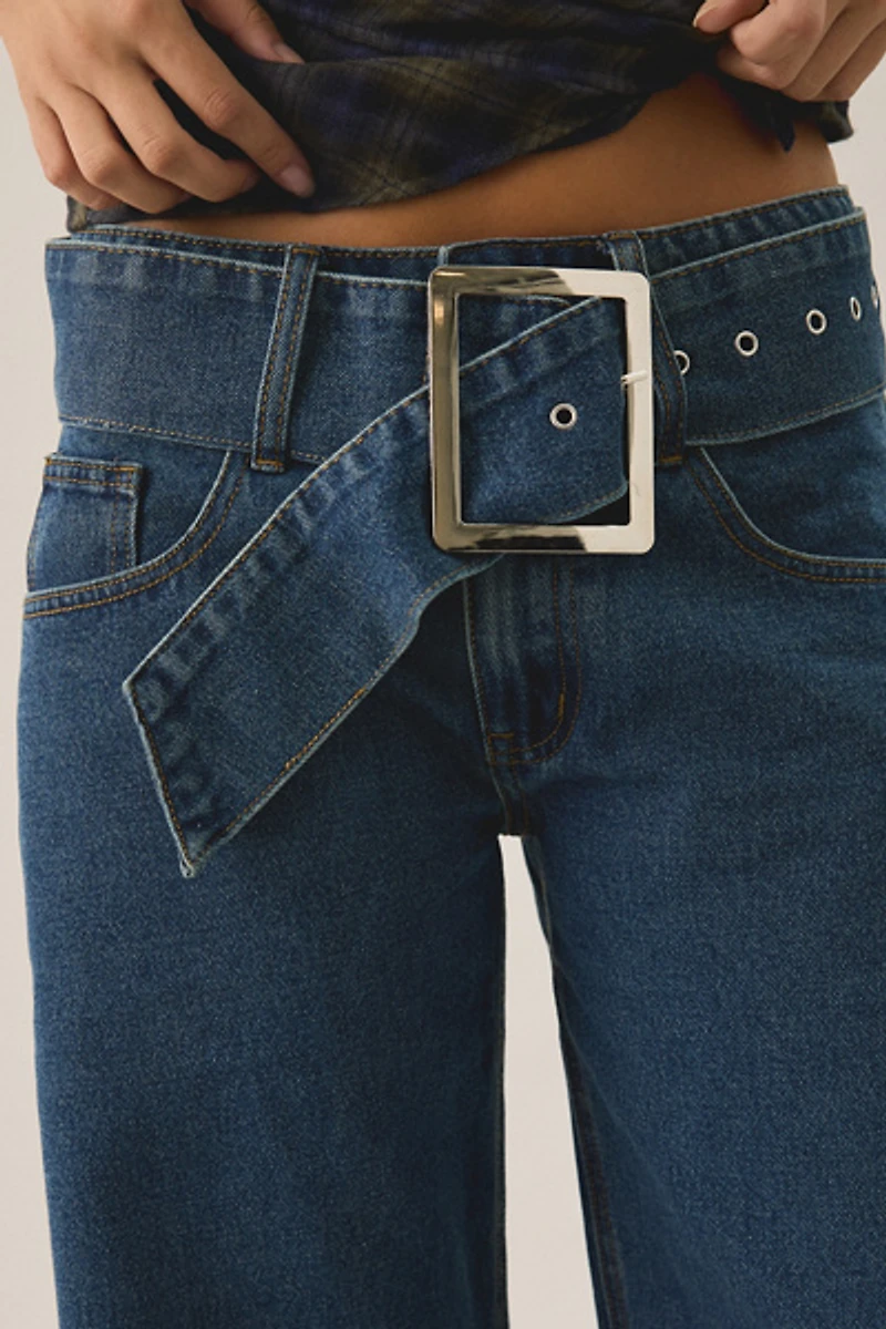 Lioness Dynasty Mid-Blue Belted Low-Rise Barrel Jeans