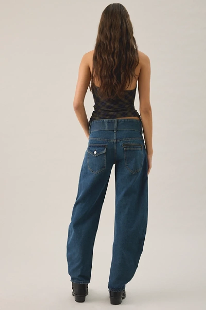 Lioness Dynasty Mid-Blue Belted Low-Rise Barrel Jeans
