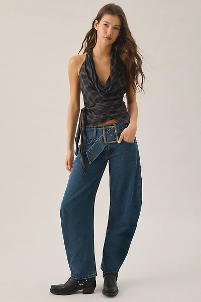 Lioness Dynasty Mid-Blue Belted Low-Rise Barrel Jeans
