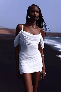 Miss Circle Umnia Mesh Off-Shoulder Drape Mini Dress