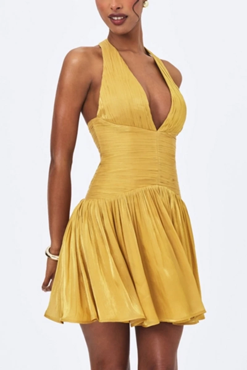 Miss Circle Xavia Crystal Organza Plunging Halter Mini Dress