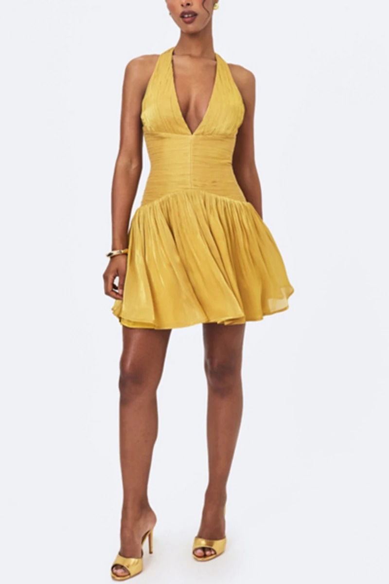 Miss Circle Xavia Crystal Organza Plunging Halter Mini Dress