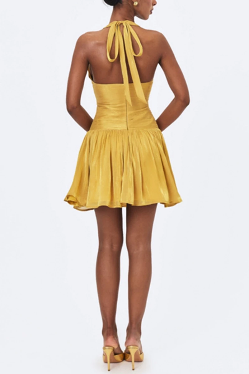 Miss Circle Xavia Crystal Organza Plunging Halter Mini Dress