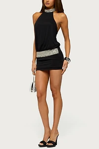 Edikted Backless Beaded High Neck Mini Dress