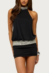 Edikted Backless Beaded High Neck Mini Dress