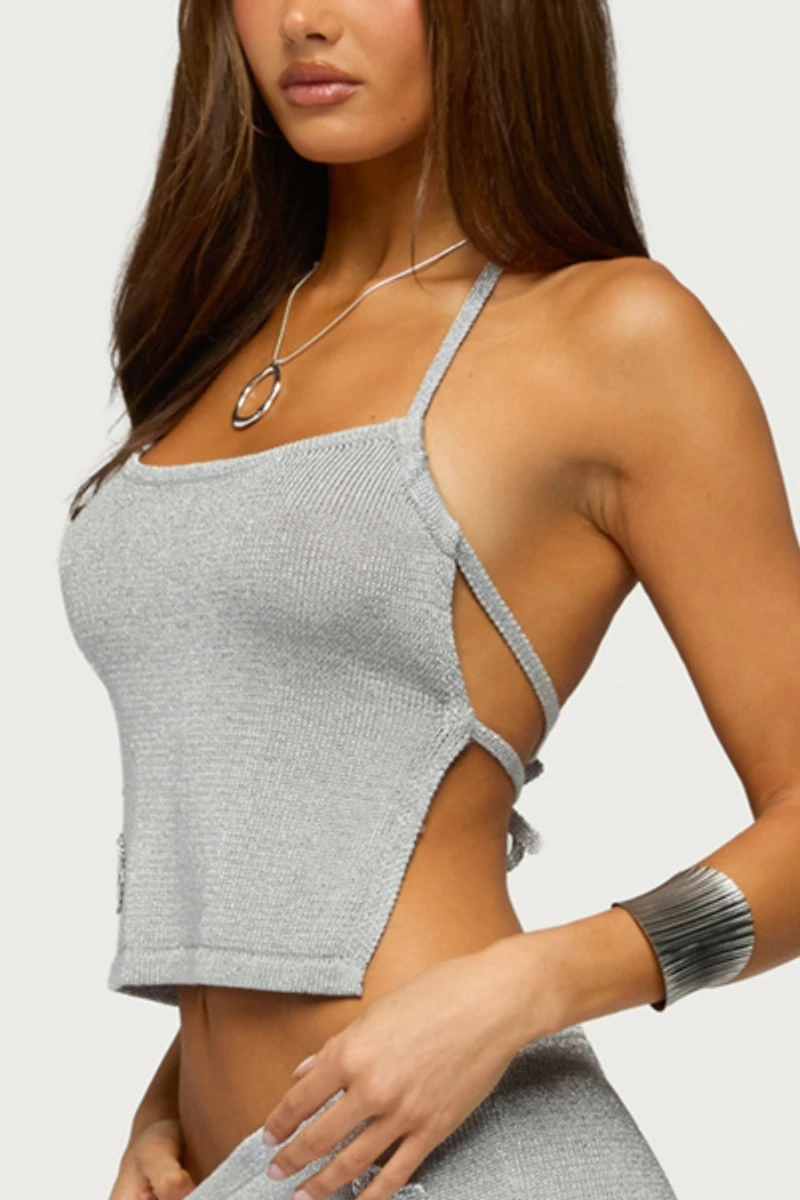 Edikted Teagyn Backless Metallic Knit Top