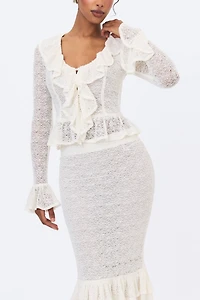 Miss Circle Urva Crochet Ruffle Front Button Top