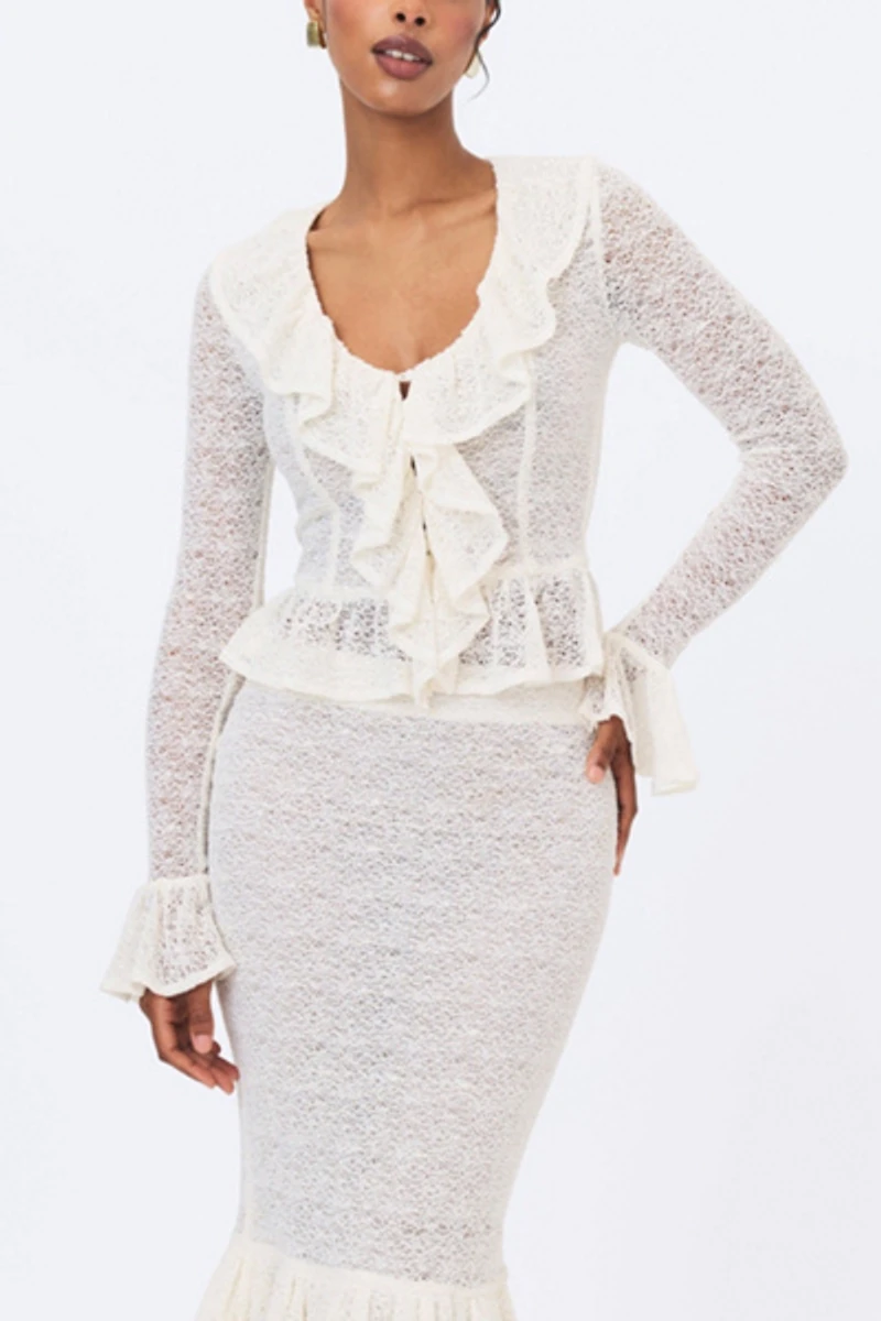 Miss Circle Urva Crochet Ruffle Front Button Top