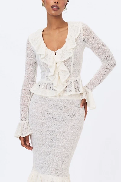 Miss Circle Urva Crochet Ruffle Front Button Top