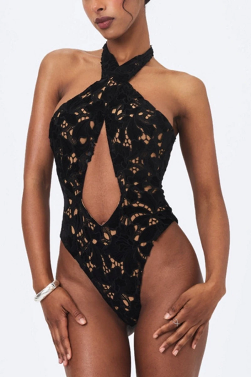 Miss Circle Breanna Velvet Lace Crossover Halter Swimsuit
