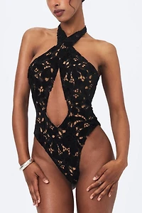 Miss Circle Breanna Velvet Lace Crossover Halter Swimsuit