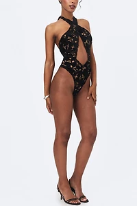 Miss Circle Breanna Velvet Lace Crossover Halter Swimsuit
