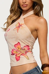 Edikted Nadina Floral Rhinestone Halter Top