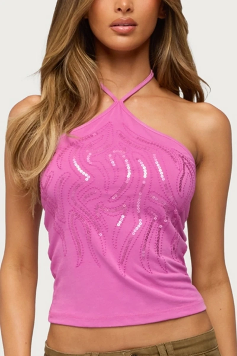 Edikted Rimona Sequin Halter Top