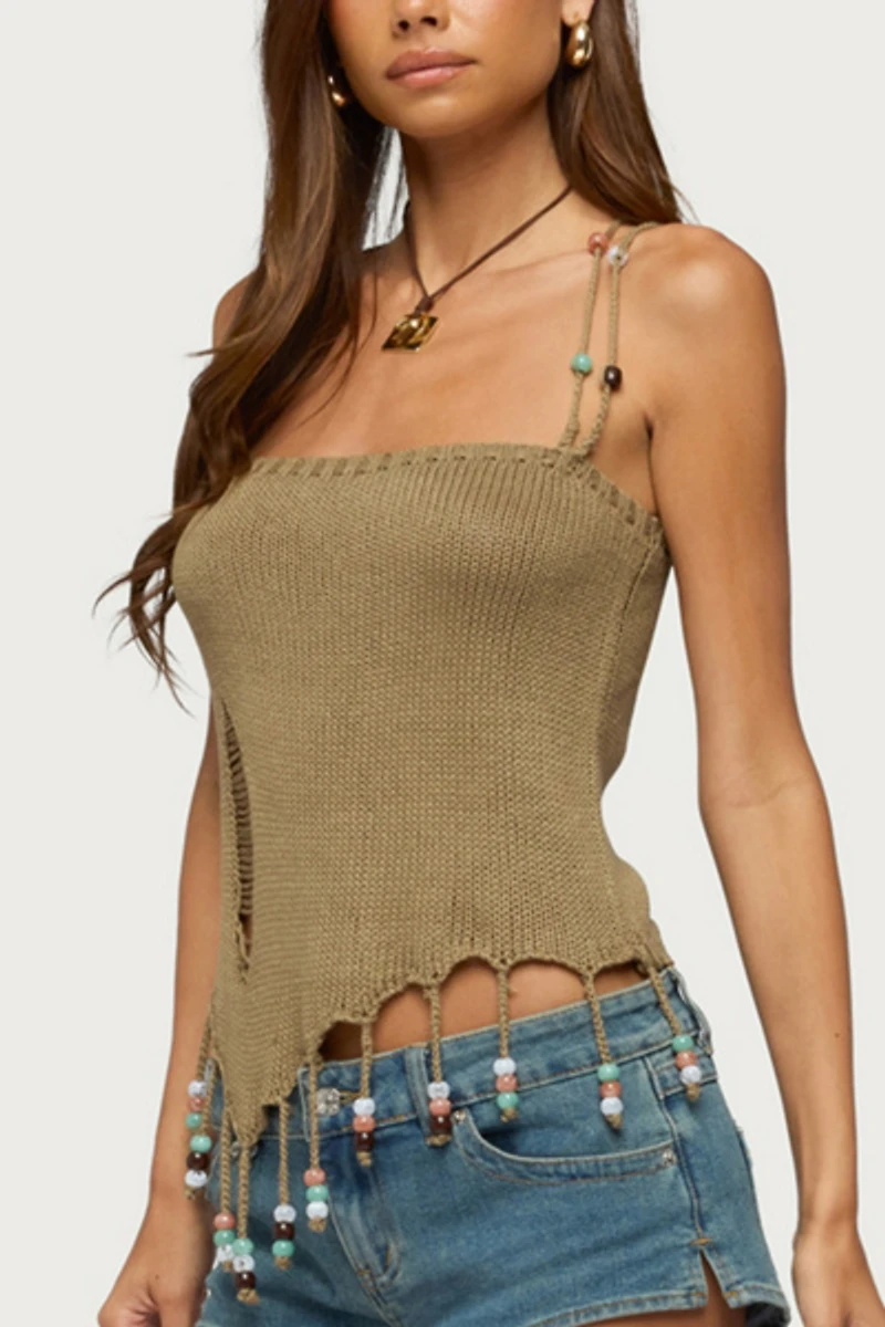Edikted Fernie Bead Fringe Knit Top