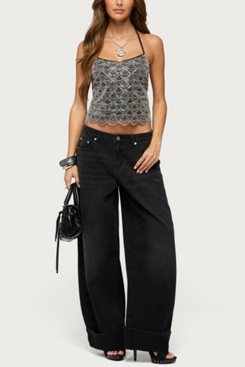 Edikted Naira Beaded Scalloped Halter Top
