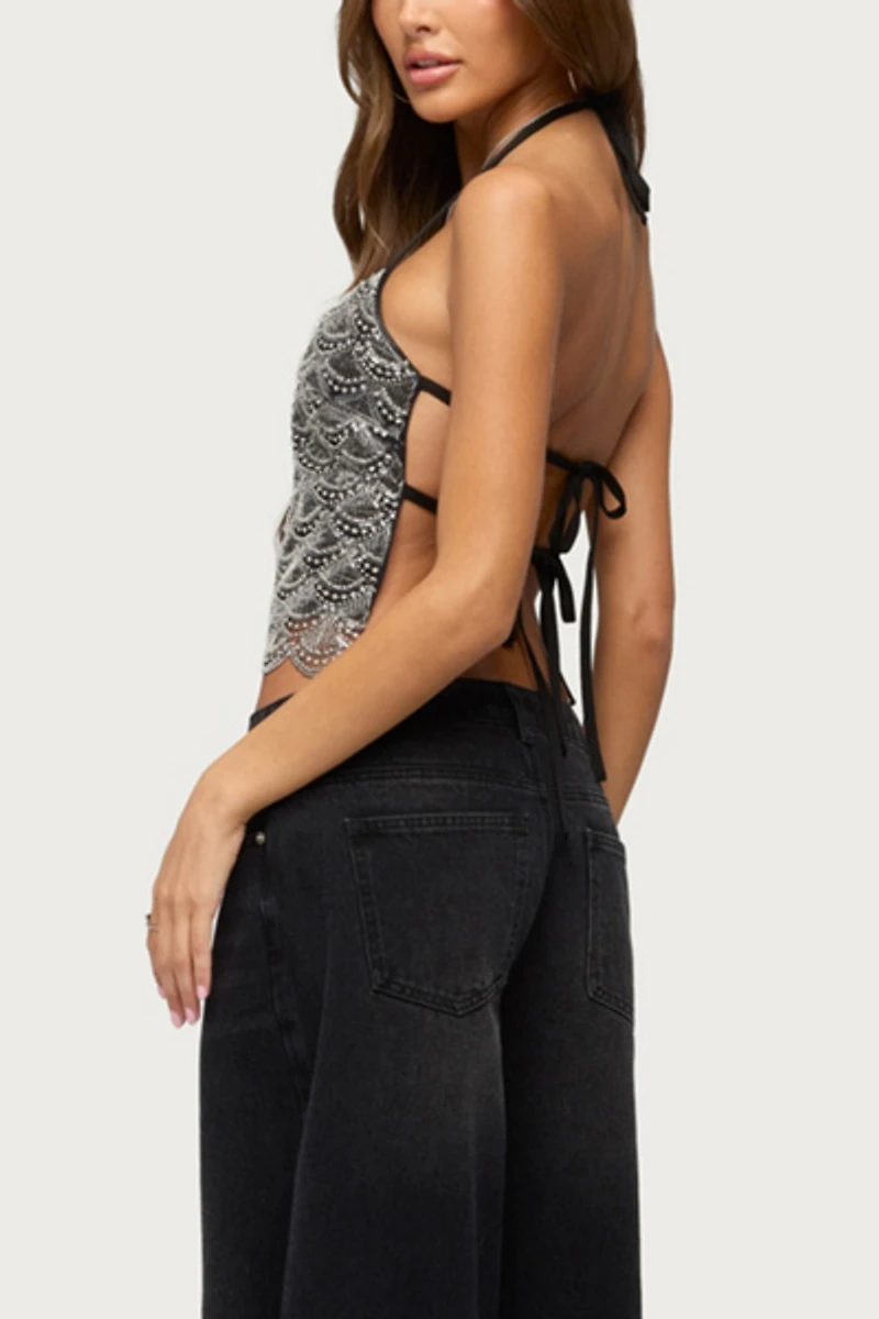 Edikted Naira Beaded Scalloped Halter Top