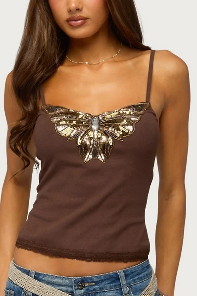 Edikted Sequin Butterfly Ribbed Tank Top