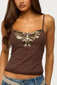 Edikted Sequin Butterfly Ribbed Tank Top