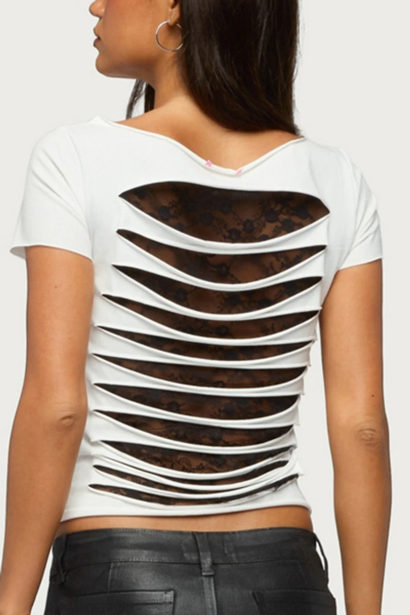 Edikted Rea Shredded Cutout Lacey Top