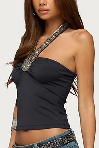 Edikted Zohar Beaded Panel Halter Top