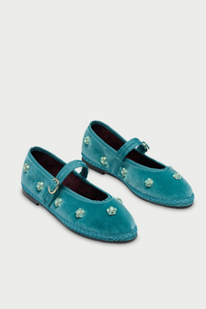 Flabelus Pierre Flower Embellished Velvet Mary Jane
