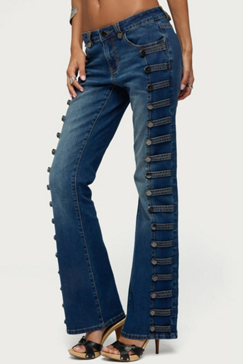 Edikted Button Loop Low Rise Bootcut Jeans