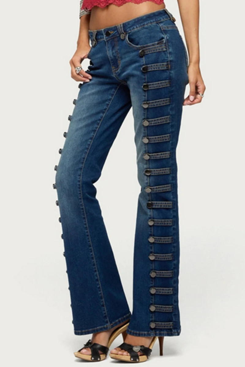 Edikted Button Loop Low Rise Bootcut Jeans