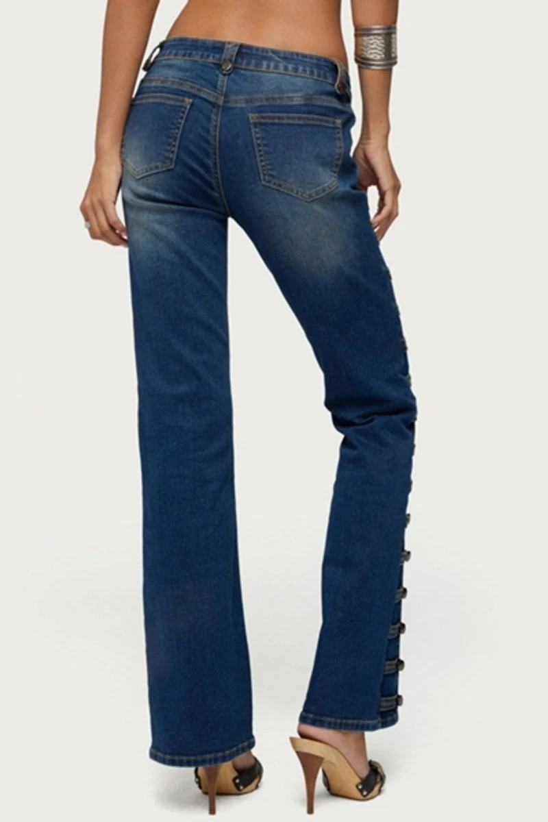 Edikted Button Loop Low Rise Bootcut Jeans