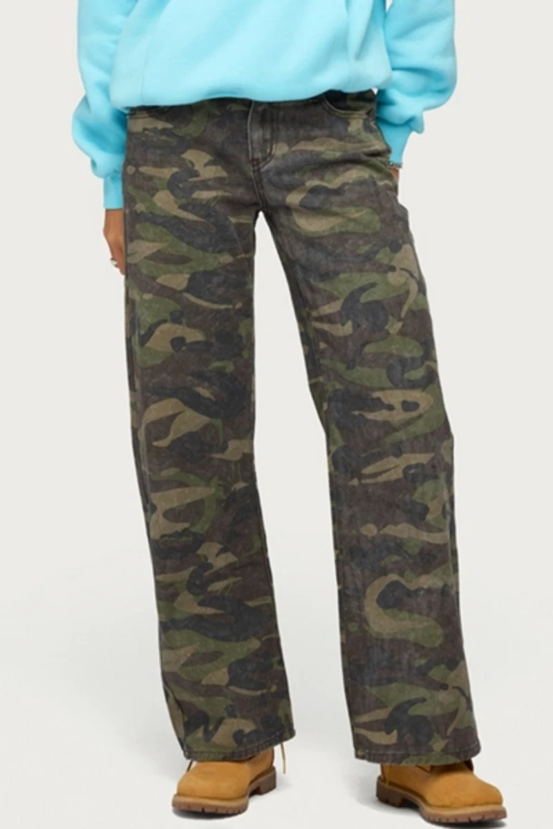Edikted Soya Camo Low Rise Baggy Jeans