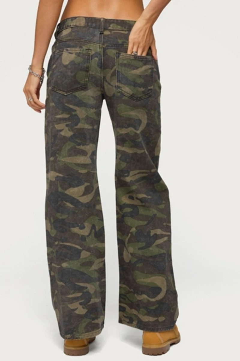 Edikted Soya Camo Low Rise Baggy Jeans