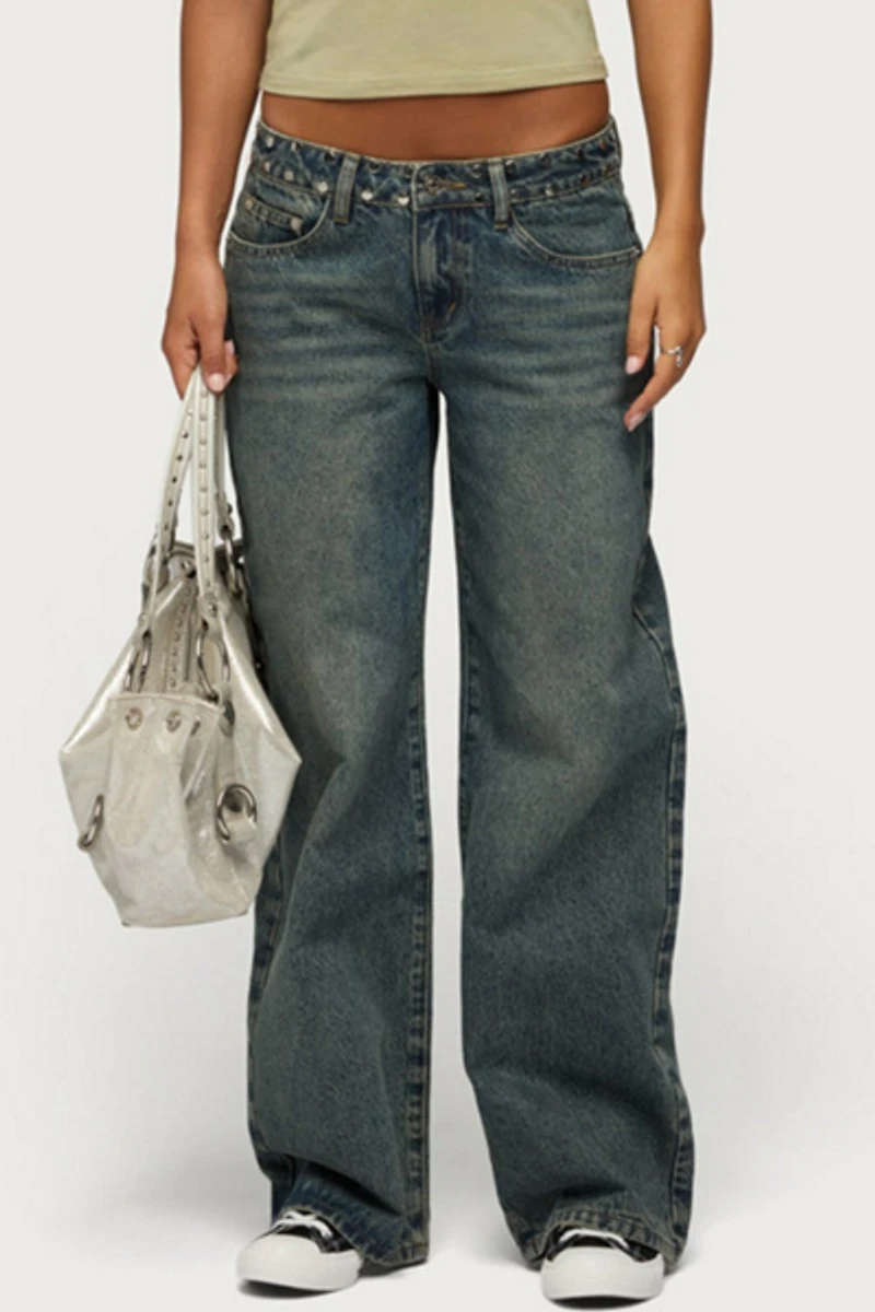 Edikted Nyc Studded Low Rise Baggy Jeans