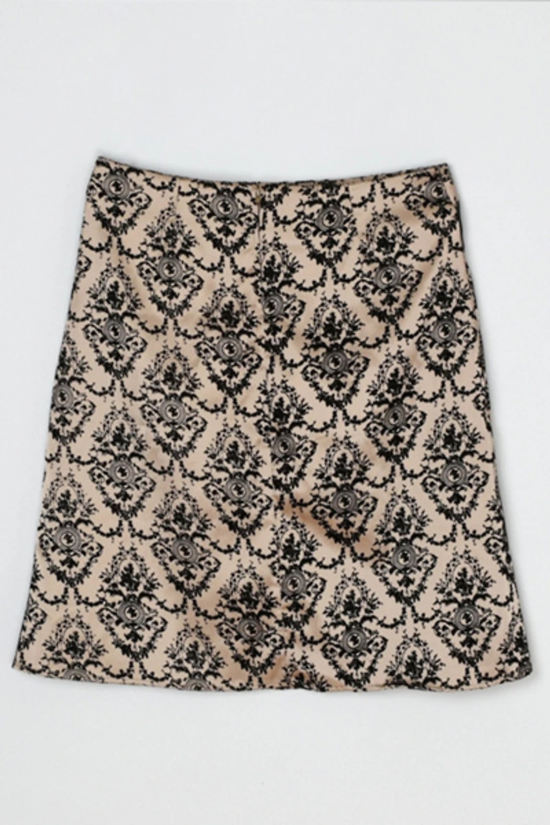 Vintage Y2k Beige Satin Skirt with Black Velvet Flocking