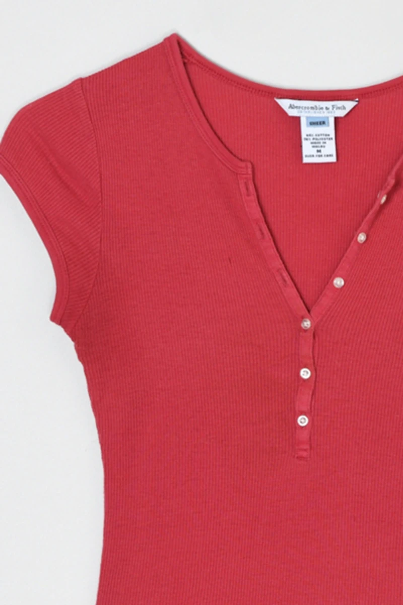 Vintage Y2k Aberrombie & Fitch Cherry Red Buttoned Ribbed Tee