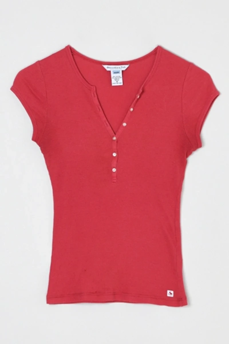 Vintage Y2k Aberrombie & Fitch Cherry Red Buttoned Ribbed Tee