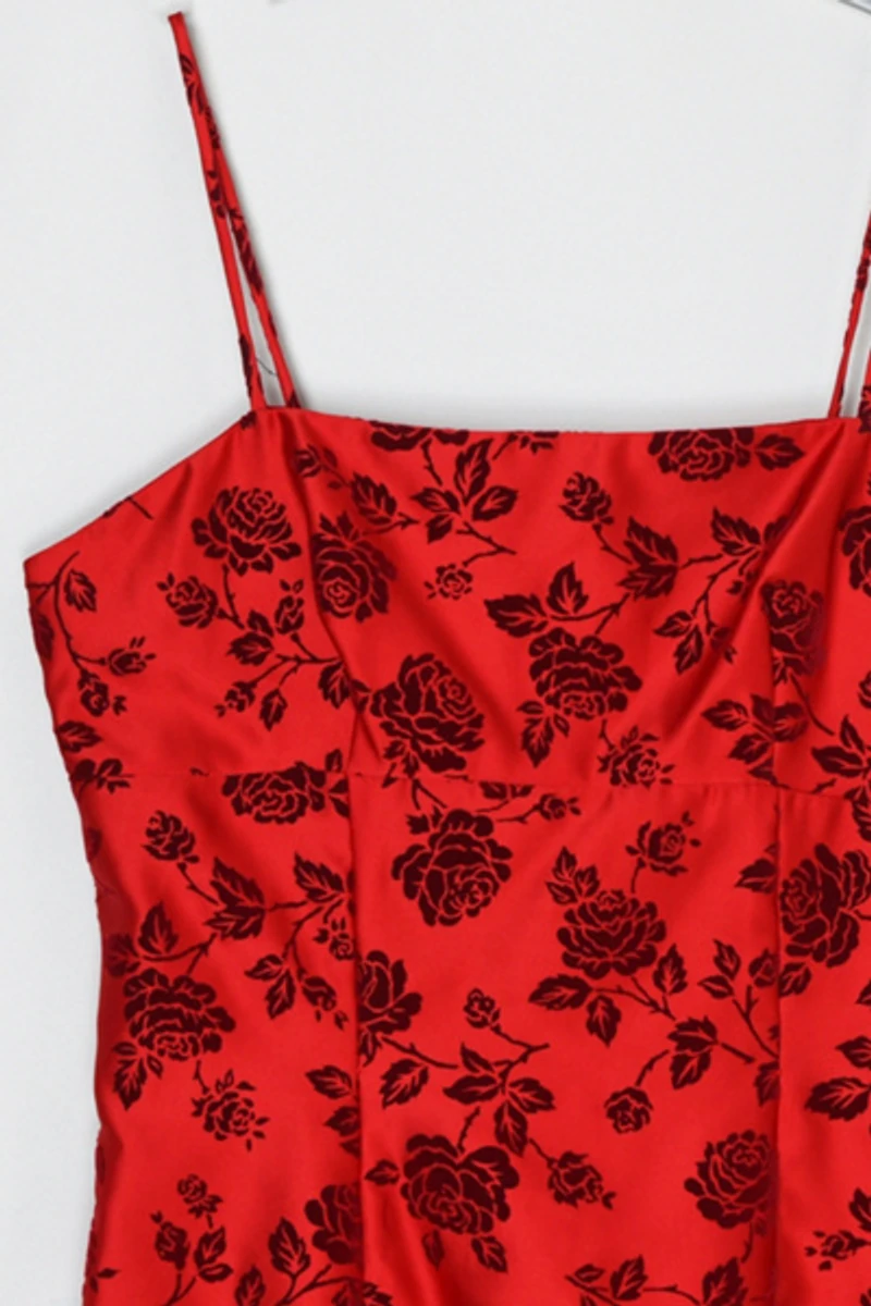 Vintage Y2k Red Flocked-Velvet Mini Dress