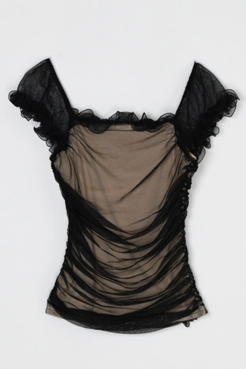 Vintage Y2k Black Ruched Mesh Top