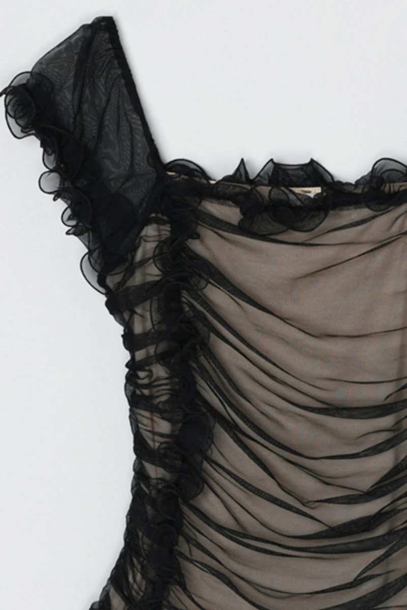 Vintage Y2k Black Ruched Mesh Top