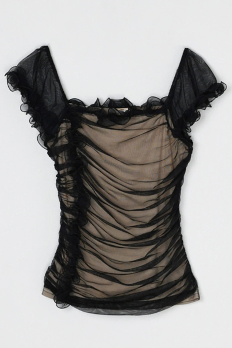 Vintage Y2k Black Ruched Mesh Top