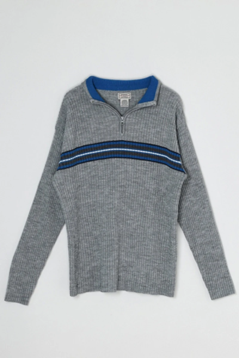 Vintage Y2k Gray & Blue Striped Quarter-Zip Sweater