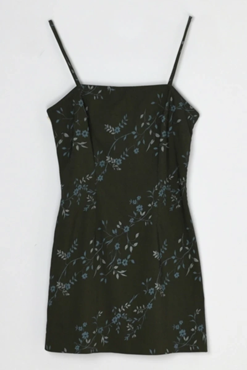 Vintage Y2k Dark Green Printed Mini Dress