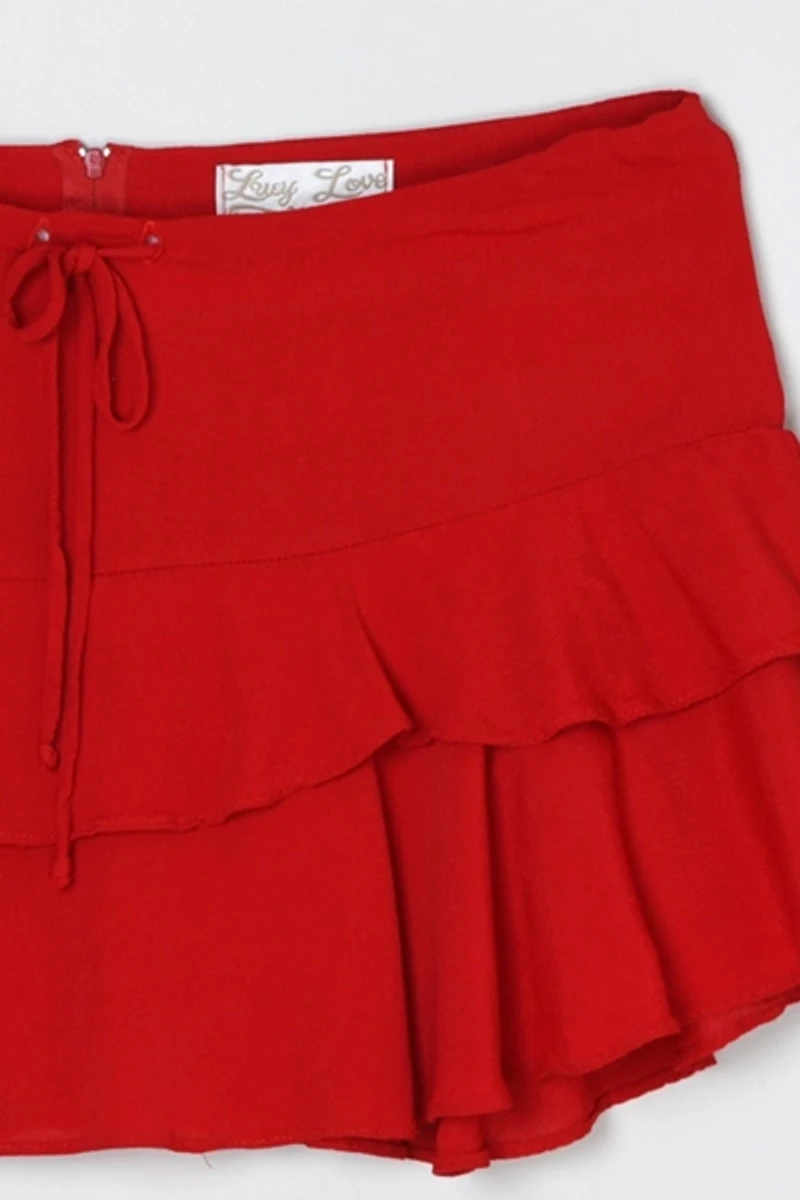 Vintage Y2k Red Chiffon Tiered Micro Mini Skirt with Tie