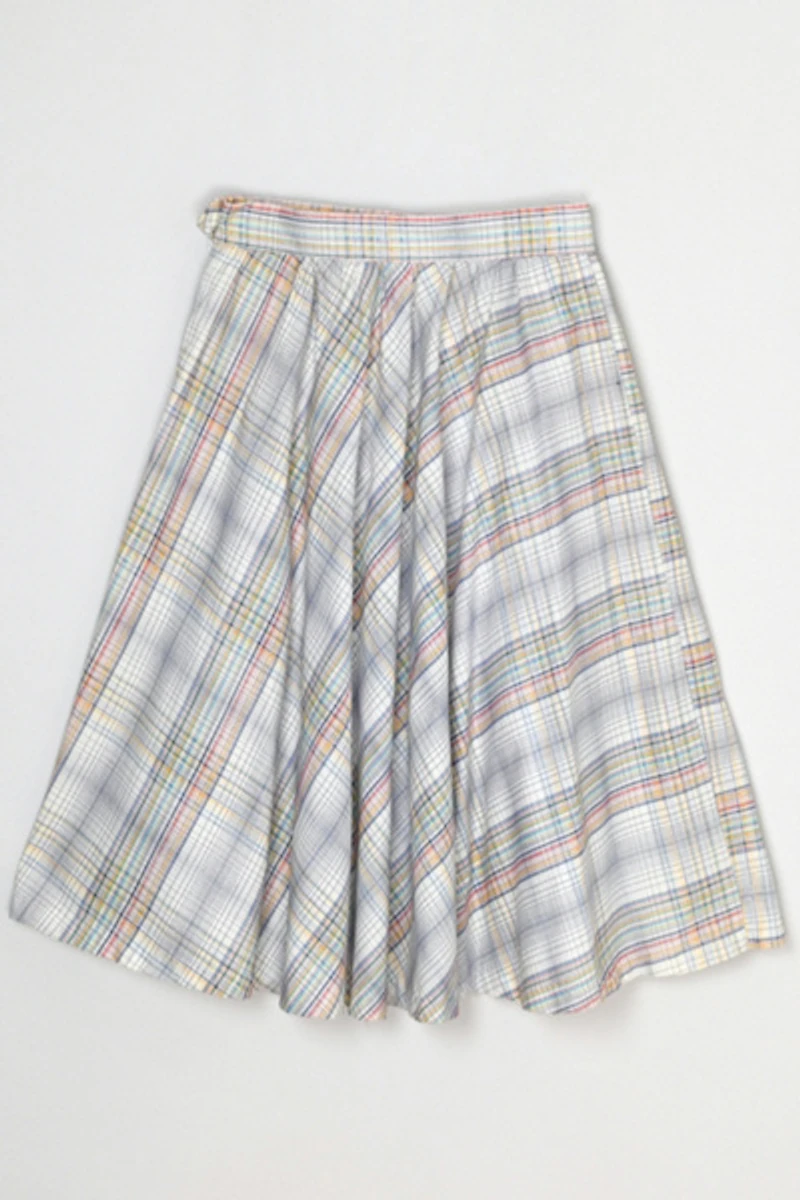 Vintage 1960s Plaid Cotton Midi Skirt with Tie