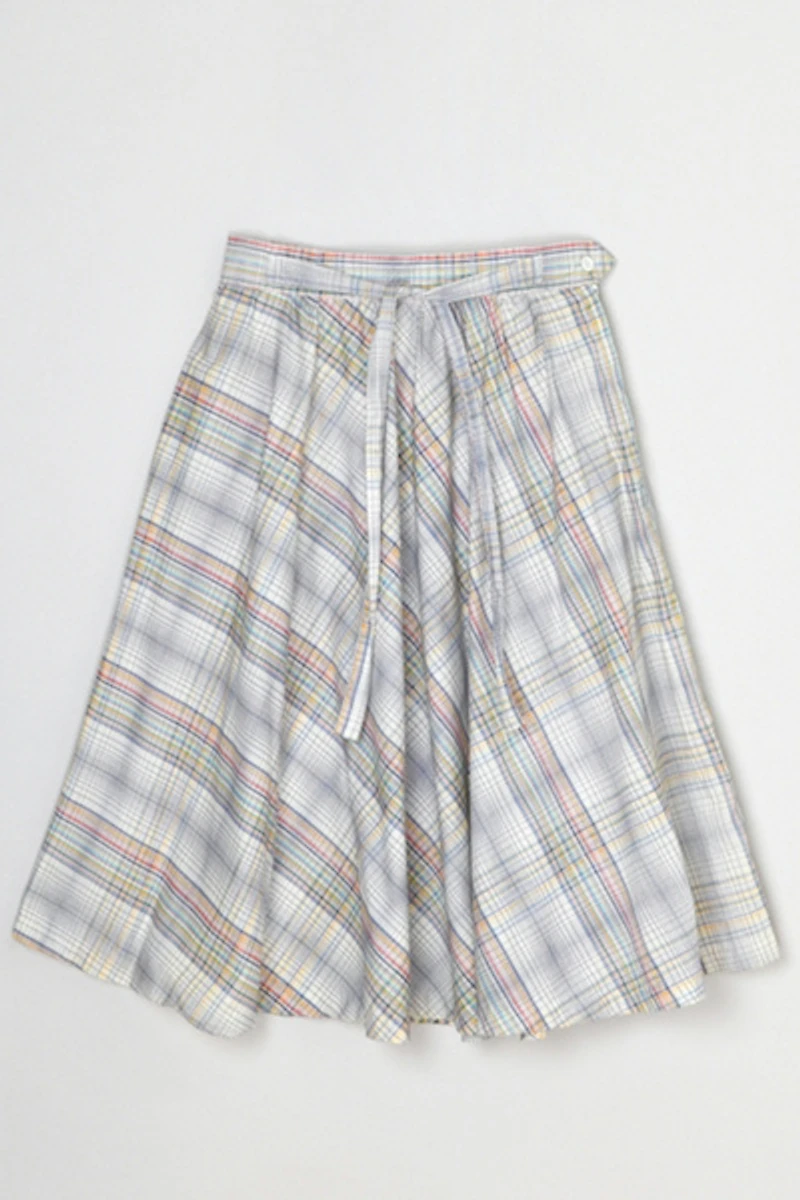 Vintage 1960s Plaid Cotton Midi Skirt with Tie