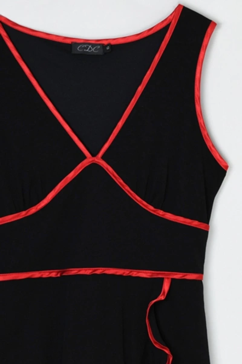 Vintage Y2k Black Midi Dress with Red Satin Bands