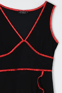 Vintage Y2k Black Midi Dress with Red Satin Bands